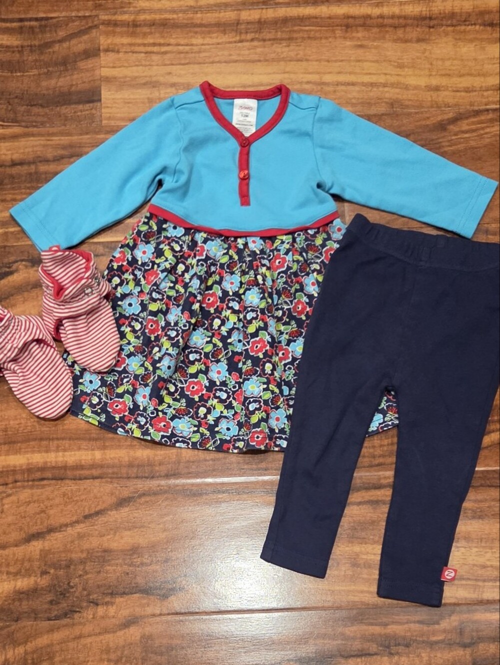 Zutano EUC 12 Months Floral Henley Dress, Leggings and Striped Booties